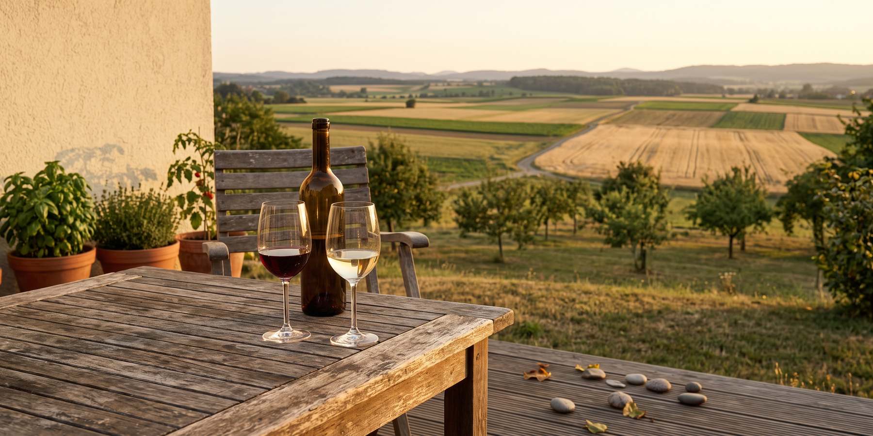 Zwei Gläser Wein und eine Flasche auf einem Holztisch auf der Terrasse, dahinter Felder und Hügel in der Abendsonne