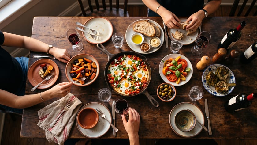 Von oben: ein gedeckter Holztisch mit Pfanne, Salat, Brot und Weingläsern, mehrere Hände greifen zu