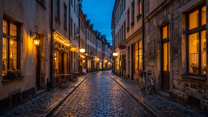 Eine kopfsteingepflasterte Altstadtgasse in der Dämmerung, warm erleuchtete Fenster und ein abgestelltes Fahrrad